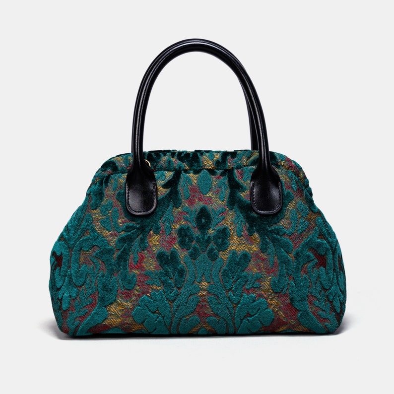 Carpet Satchel-Mary Poppins Carpet Bag-Everyday Carry Crossbody Bag-Burnout Velvet Jade Green front