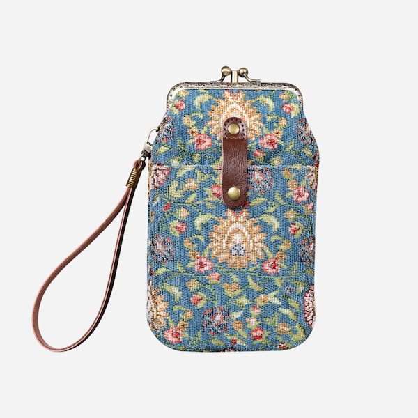 Funda para teléfono con estampado de alfombra cosida a mano y portapasaportes - Bolso para teléfono vintage con doble cierre de beso - Estuche de viaje vintage para teléfono - Azul oriental