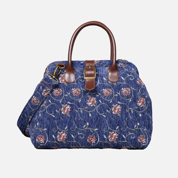 Handsewn Carpet Purse-Mary Poppins Carpet Bag-Everyday Carry Shoulder Bag-Climbing Rose Blue