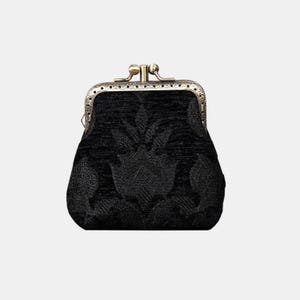 Monedero de alfombra cosido a mano - Monedero vintage con doble cierre de beso - Estuche con cierre de bola a presión - Regalo para ella - Listo para regalar - Estilo victoriano Blossom negro/negro