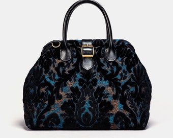 Handsewn Carpet Purse-Mary Poppins Carpet Bag-Everyday Carry Shoulder Bag-Burnout Velvet Black