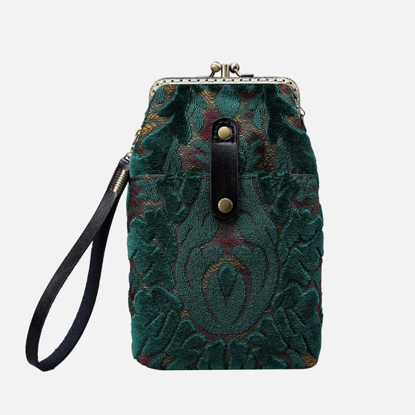Handsewn Carpet Phone Case Passport Holder-Vintage Double Kiss Lock Phone Bag-Vintage Travel Phone Pouch- Bag-Velvet Jade Green