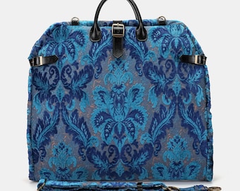 Carpet Carry-On Foldable Garment Bag- Elegant Travel Bag with Organizer Pockets for Dresses Suits & Accessories- Burnout Velvet Revival Aqua