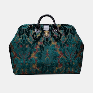 Handsewn Carpet Work Bag-Laptop Brief Case-Vintage Work Tote-Travel Shoulder Bag-Burnout Velvet Jade Green