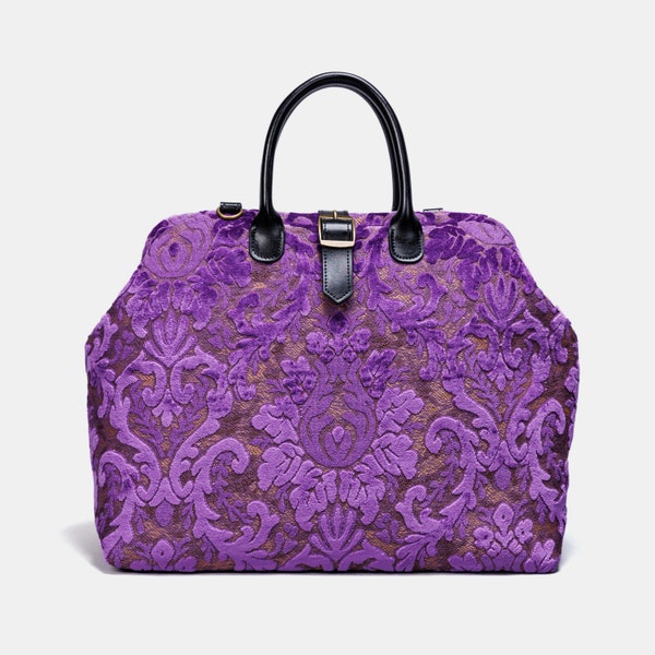 Handcrafted Mary Poppins Bag-Carpet Weekender-Carpet Travel Bag-Duffel Bag-Burnout Velvet Purple