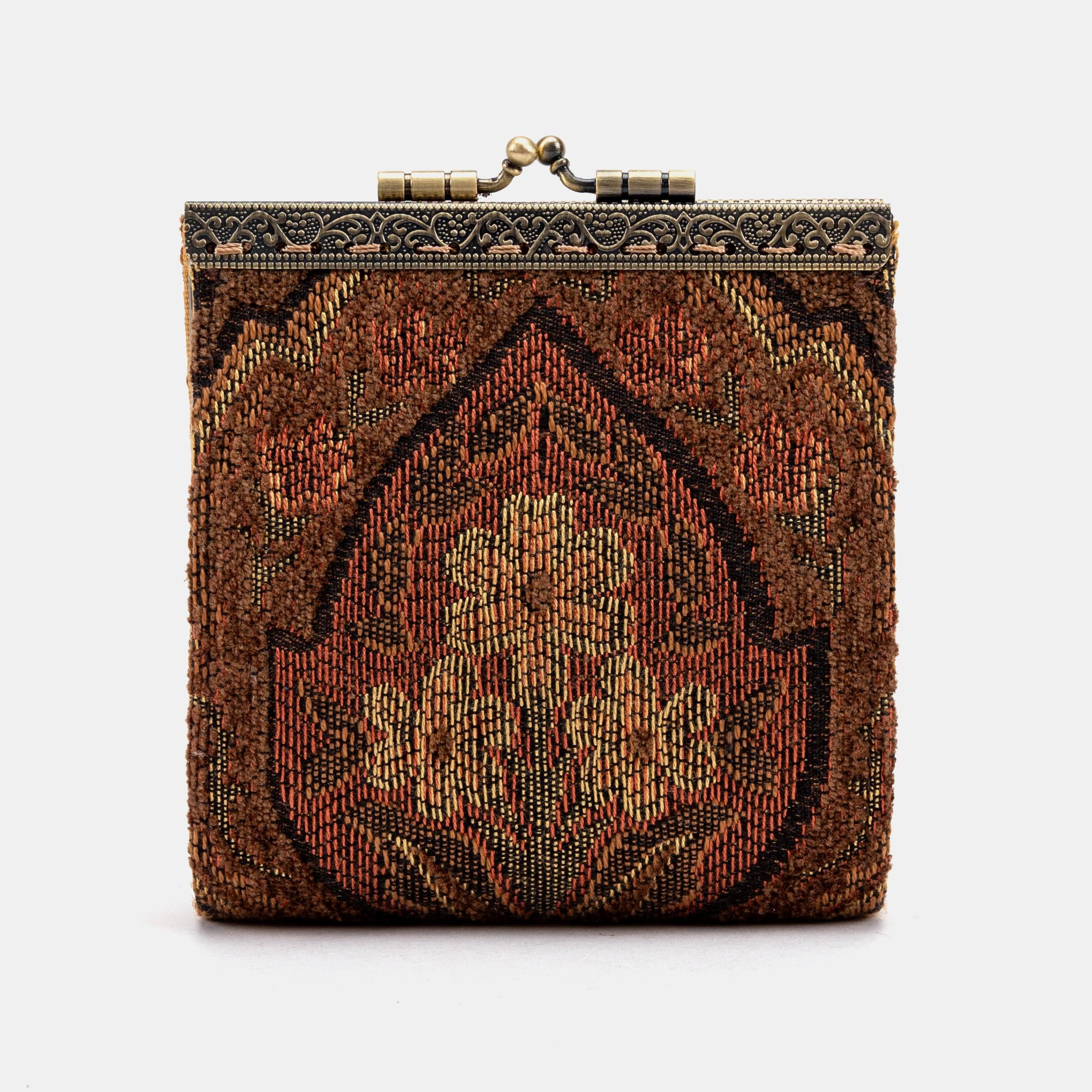 17 Card Slots Wallet-Handsewn Carpet Wallet-Vintage Kiss Lock ID Pouch-Clasp Card Holder-Gift for Her-Damask D. Brown