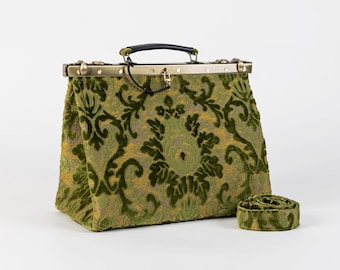Gladstone Bag-Carpet Doctor Bag-Victorian Weekender Bag-Shoulder Frame Bag-Celine Burnout Velvet Fern Green
