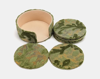 Round Carpet Fabric Coasters–Hand Sewn Coasters-6 Pieces Set with Holder-Burnout Velvet Fern Green
