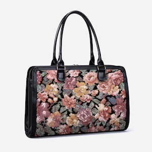 Borsa da viaggio artigianale - Borsa da lavoro da donna - Borsa da lavoro vintage per laptop - Borsa multiscomparto per laptop, cartelle e cancelleria - Rosa floreale