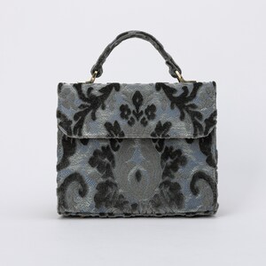 Handcrafted Carpetbag-Top Handle Bag-Satchel with front Flap-Shoulder Bag-Burnout Velvet Steel Blue front