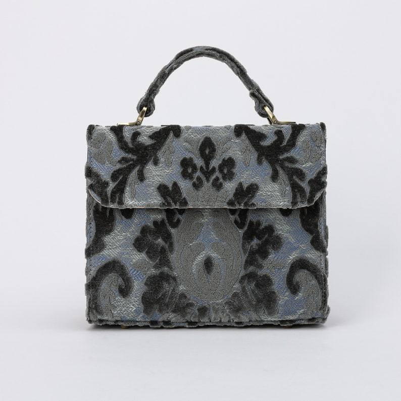 Handcrafted Carpetbag-Top Handle Bag-Satchel with front Flap-Shoulder Bag-Burnout Velvet Steel Blue front