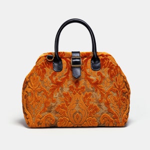 Handsewn Carpet Purse-Mary Poppins Carpet Bag-Everyday Carry Shoulder Bag-Burnout Velvet Orange