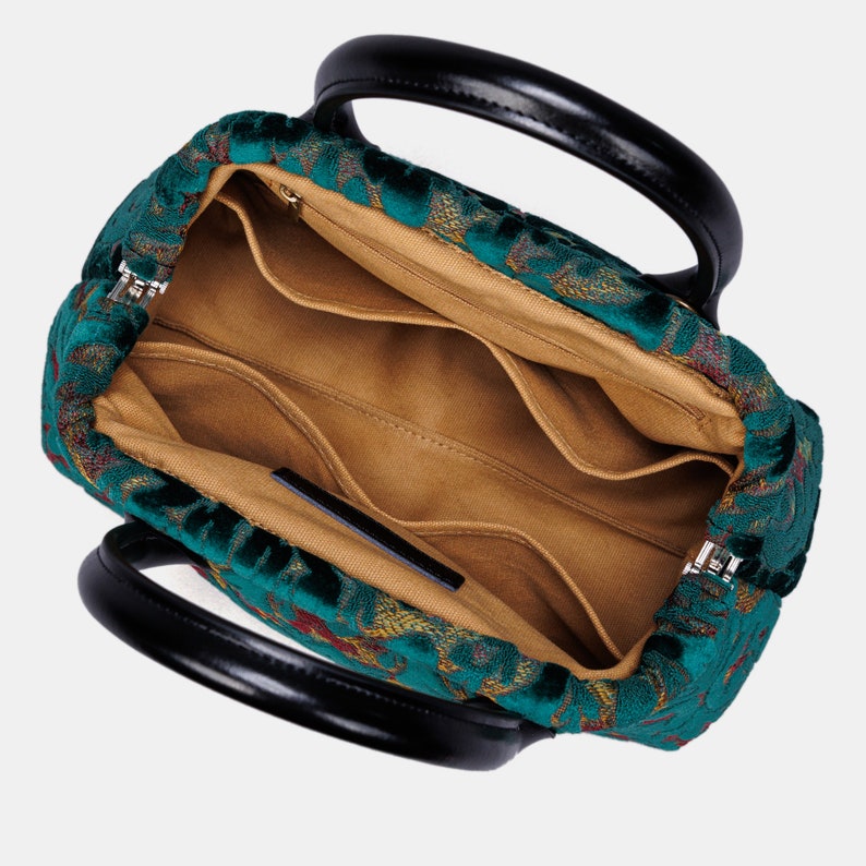 Carpet Satchel-Mary Poppins Carpet Bag-Everyday Carry Crossbody Bag-Burnout Velvet Jade Green inside