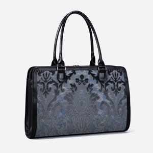 Borsa da viaggio artigianale, borsa da lavoro da donna, borsa multiscomparto per laptop, cartelle e cancelleria, velluto bruciato blu acciaio
