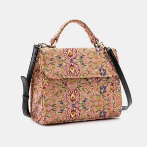 Bolso de mano artesanal, bolso con asa superior, bolso tipo cartera con solapa frontal y bandolera, color rosa oriental