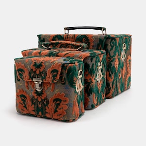 Handcrafted Carpet Train Case-Victorian Beauty Case-Vintage Vanity Case-Carpet crossbody Purse- Burnout Velvet Revival Jade
