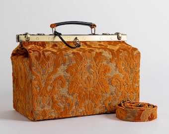 Gladstone Bag-Carpet Doctor Bag-Victorian Weekender Bag-Shoulder Frame Bag-Genevieve Burnout Velvet Orange