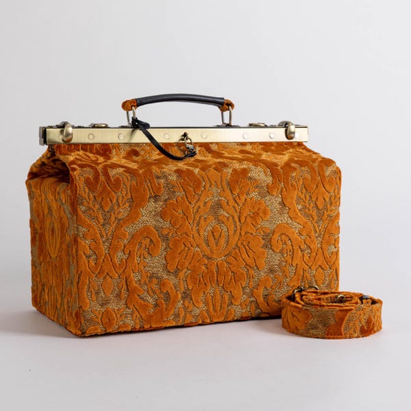 Gladstone Tasche-Teppich Arzt Tasche-Victorian Weekender Tasche-Schulter Rahmen Tasche-Genevieve Ausbrenner Samt Orange