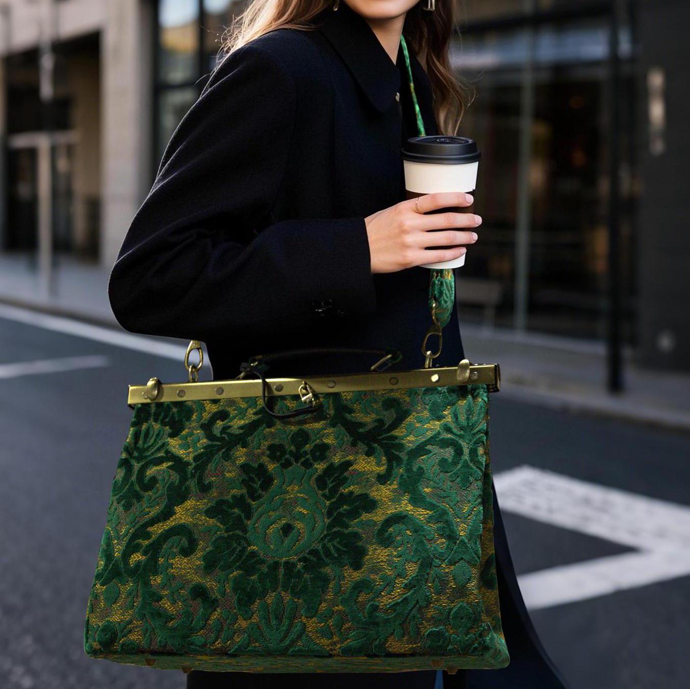 Gladstone Bag-Carpet Doctor Bag-Victorian Weekender Bag-Shoulder Frame Bag-Celine Burnout Velvet Jade Green