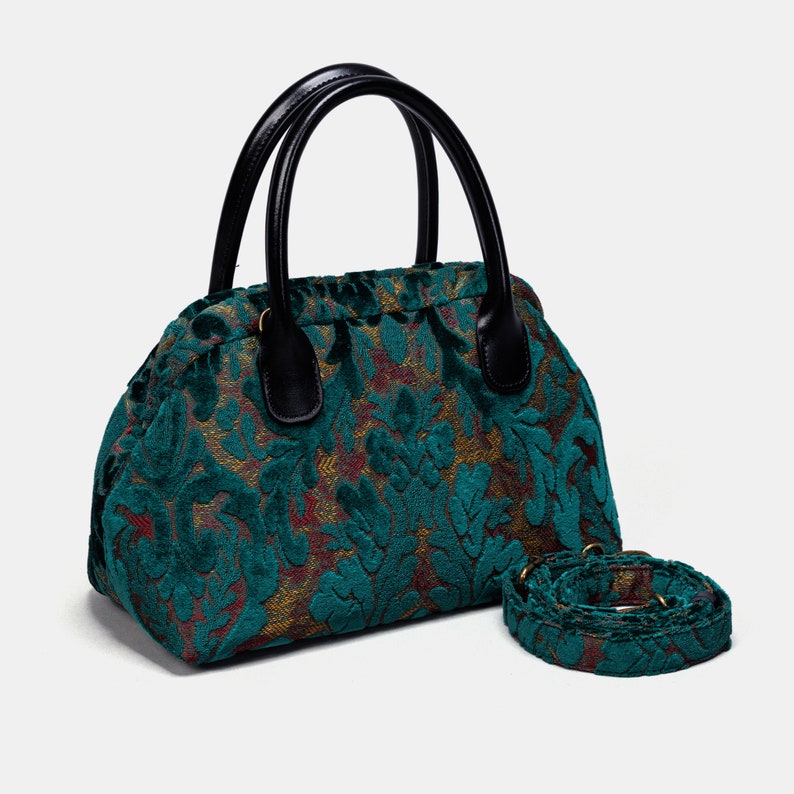 Carpet Satchel-Mary Poppins Carpet Bag-Everyday Carry Crossbody Bag-Burnout Velvet Jade Green with belt