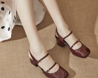 Camilla Mary Jane Shoes| Double Strap Mary Jane Pumps | Square Toe Mary Jane Heel Shoes | Two Straps Mary Jane Heels