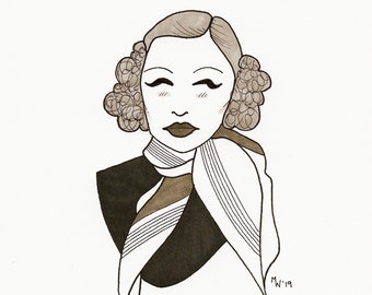 Marlene Dietrich Illustration, Vintage Fashion Drawing, Actress Marker Illustration