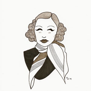 Marlene Dietrich Illustration, Vintage Fashion Drawing, Actress Marker Illustration