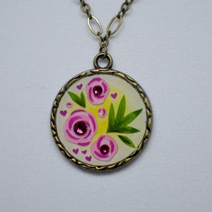 Handmade Rose Pendant Necklace, Brushed Gold Pendant, Paper Cutout Jewelry, Resin Pendant Art Necklace