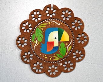 Colgante de pared de loro azul, pintura de aves tropicales, arte de papel Tiki