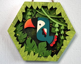 Tucán verde azulado para colgar en la pared, diorama de aves tropicales, arte de papel Tiki