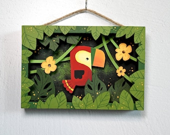 Colgante de pared de loro rojo, diorama de aves tropicales, arte de papel Tiki