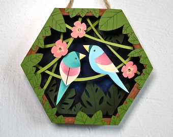 Colgante de pared de pájaros azules, diorama de aves tropicales, arte de papel Tiki