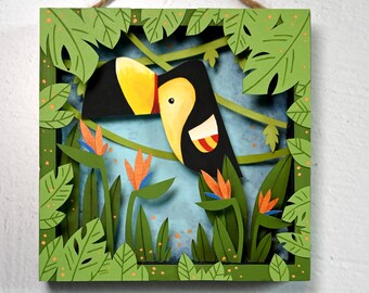 Tucán para colgar en la pared, diorama de aves tropicales, arte de papel Tiki