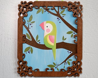 Lovebird pared colgante, pintura de aves tropicales, arte de papel Tiki