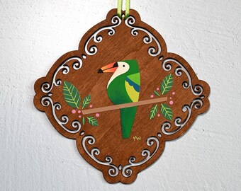 Colgante de pared de tucán verde, pintura de aves tropicales, arte de papel Tiki