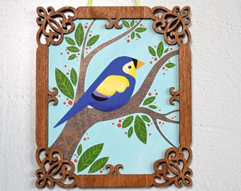 Colgante de pared de pájaro púrpura, pintura de aves tropicales, arte de papel Tiki
