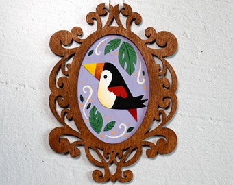 Colgante de pared de pájaro negro y rojo, pintura de aves tropicales, arte de papel Tiki