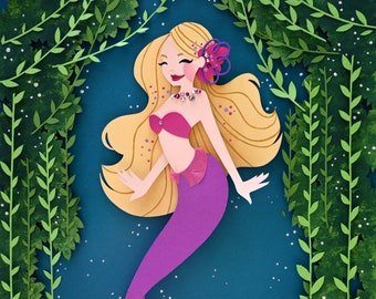 Impresión de recorte de papel de sirena púrpura, ilustración de Mermay