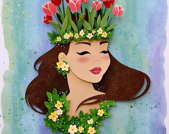 Impresión recortada de corona de tulipán, ilustración de moda de primavera