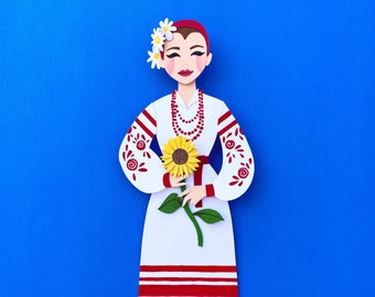 Apoya a Ucrania, ilustración de una niña ucraniana, mujer con estampado de girasol