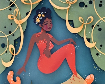 Orange Mermaid Paper Cutout Print, Mermay Illustration