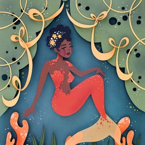 Oranje Zeemeermin Papier Cutout Print, Mermay Illustratie