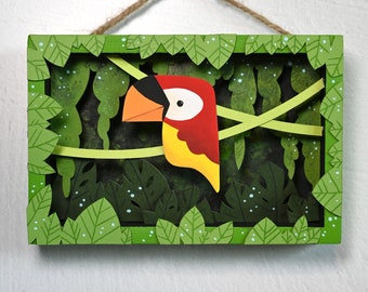 Tucán rojo para colgar en la pared, diorama de aves tropicales, arte de papel Tiki