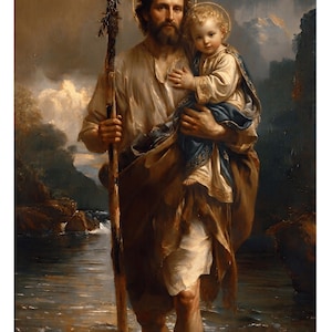 Puede incluir: Una pintura al óleo representa a un hombre barbudo y un niño, ambos con halos, caminando por el agua. El hombre sostiene un bastón y lleva al niño, que está vestido de azul. La obra de arte está ambientada en un telón de fondo de montañas y un cielo nublado.