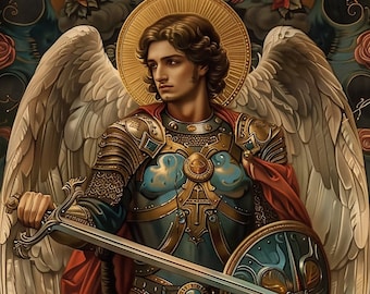 Pode incluir: Uma pintura de um anjo guerreiro com armadura dourada, uma espada e um escudo. O anjo tem asas brancas e uma auréola. O fundo é azul escuro com detalhes dourados.
