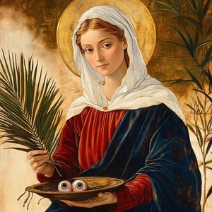 May include: A woman in a white robe and red dress holds a golden bowl with two eyeballs inside. She is surrounded by a halo and a palm frond.