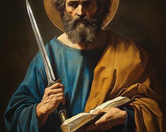 Puede incluir: Una pintura de un hombre con barba que sostiene una espada y un libro. Lleva una túnica azul y una capa dorada. Tiene un halo sobre su cabeza.