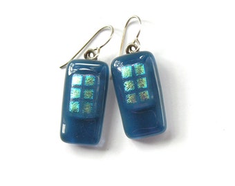 Fused Glass Drop Earrings - Steel Blue Color -   Blue Grey Glass Jewelry - Gold Accents - Atlantic Ocean Blue Earrings