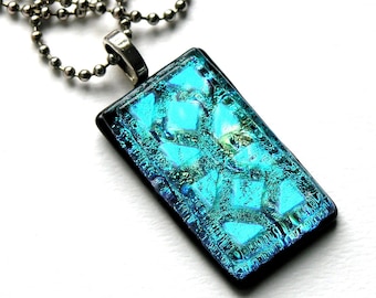 Brilliant Aquamarine Fused Glass Pendant Necklace - Rich Turquoise Undersea Colors - Tropical Ocean Blue Shimmering with Dichroic Overlay