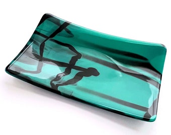 Deep Jade Green Platter - Fused Glass - Colorful Home Decor - Abstract Black Designs  Glass - Minimalist Modern Abstract Statement Piece